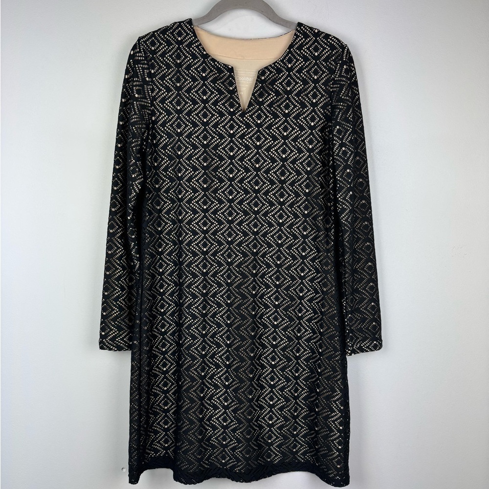 Coolibar Oceanside Black Tan Cutout Sheath Dress Notch Neck Long Sleeve, XS
